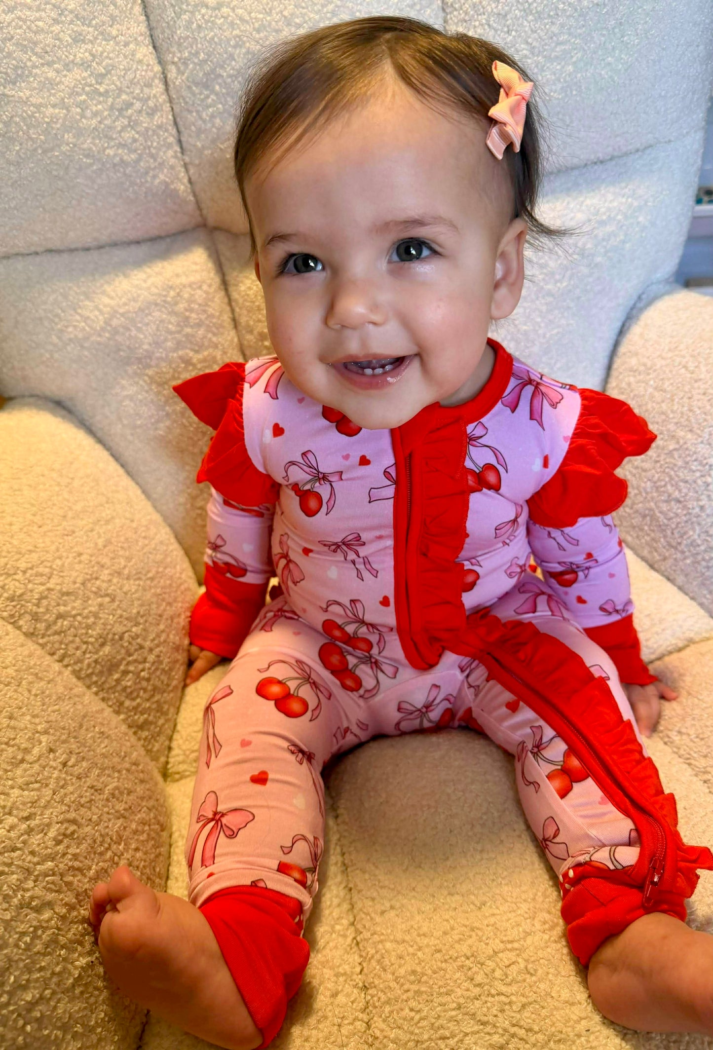 “Cherry Bow Bliss” Ruffle Zippy