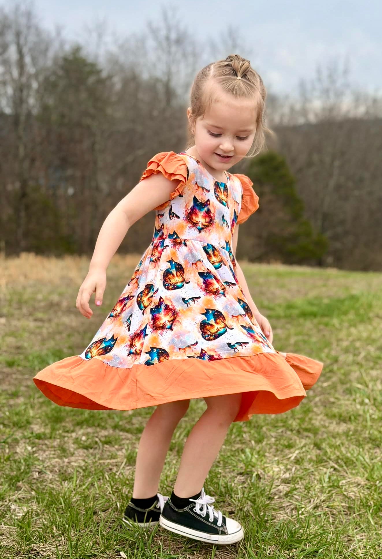 “Whimsical Foxes” Twirl with Bow Back and Biker Shorts Set