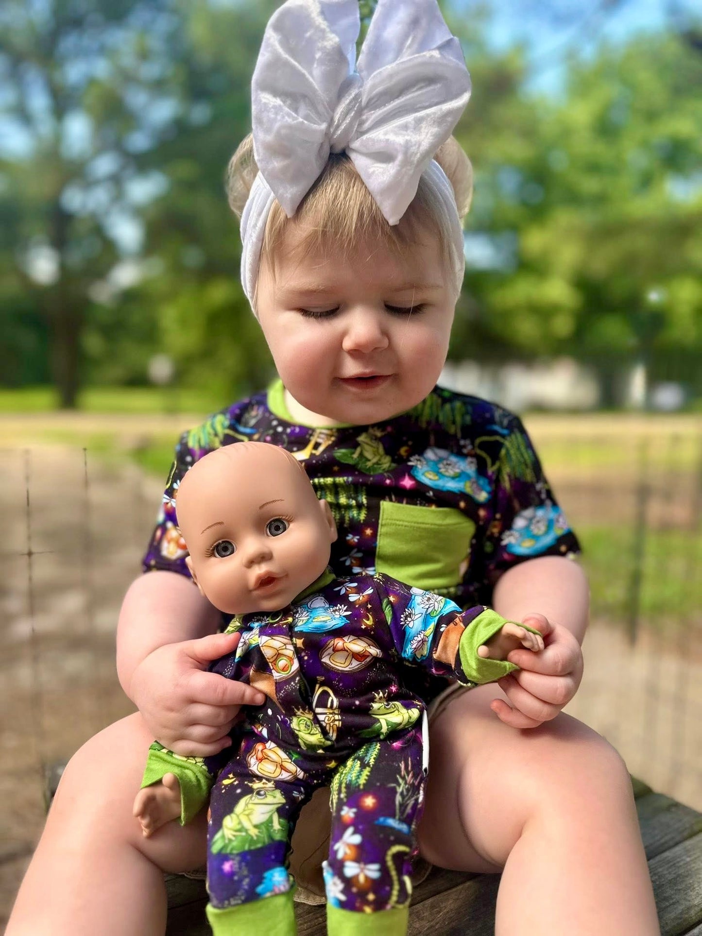 “Fireflies & Frog Kisses” Doll Romper