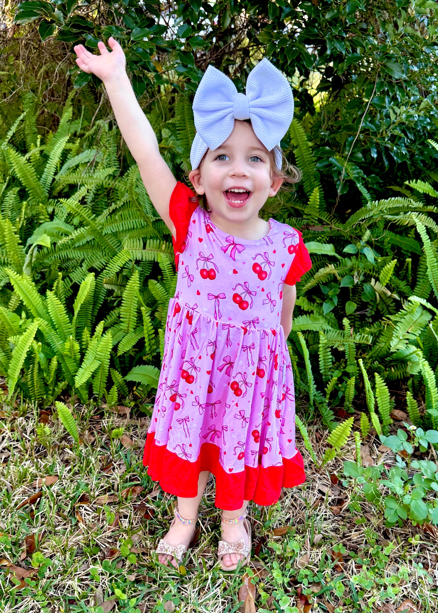 “Cherry Bow Bliss” Twirl with Bow Back and Biker Shorts Set