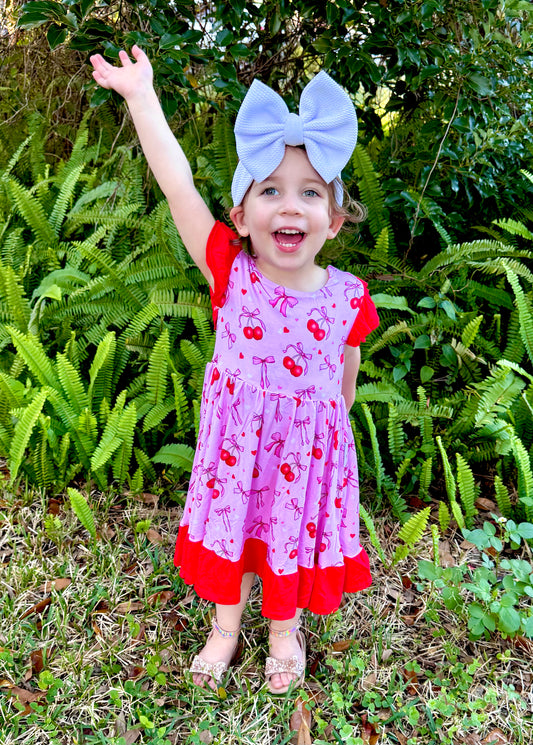 “Cherry Bow Bliss” Twirl with Bow Back and Biker Shorts Set