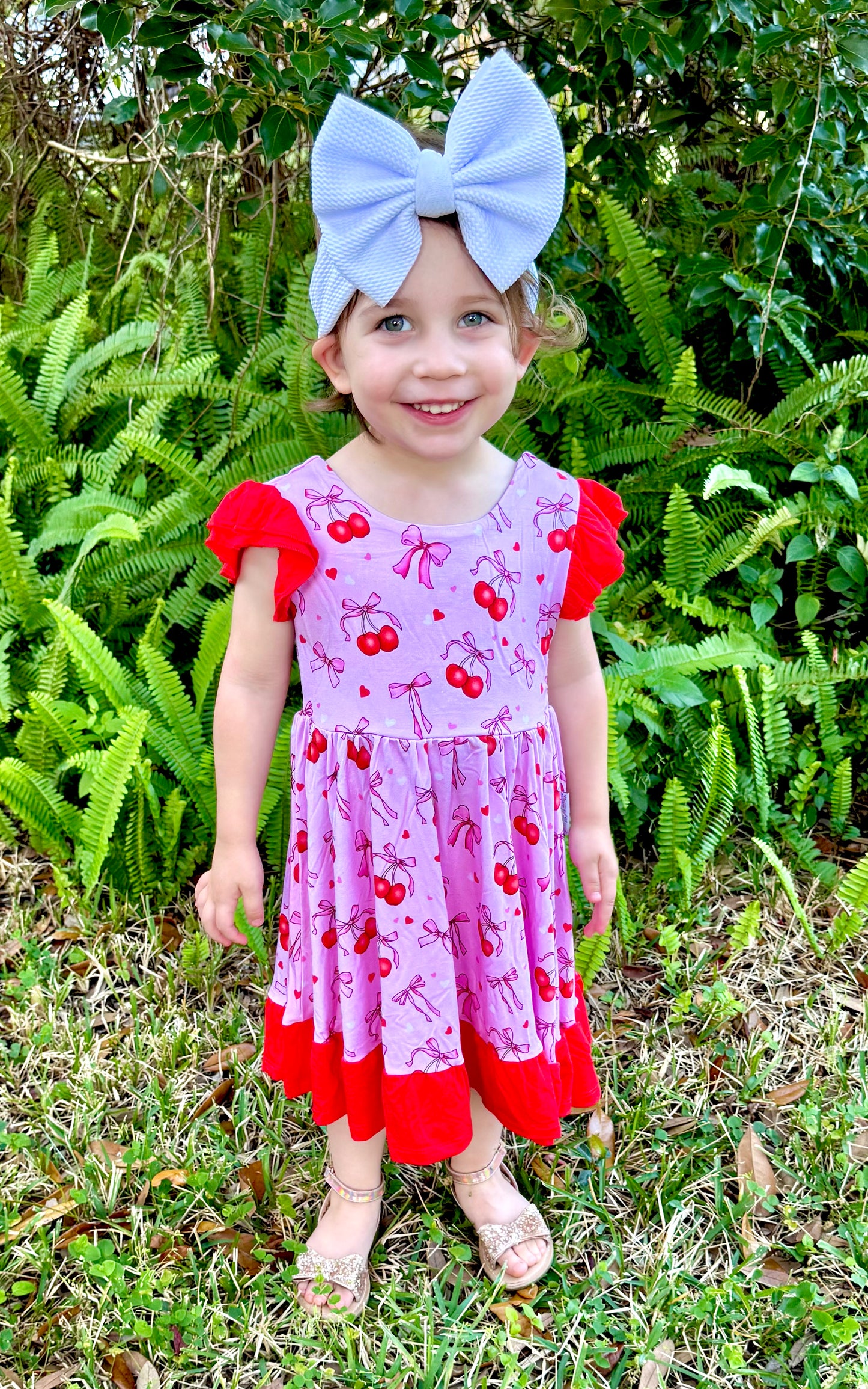 “Cherry Bow Bliss” Twirl with Bow Back and Biker Shorts Set