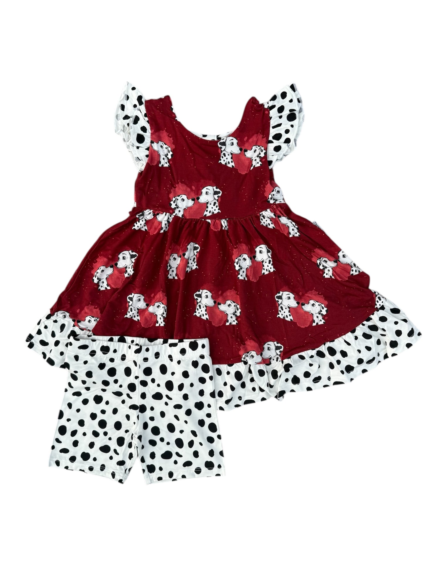 “Darling Dalmatians” Twirl with Bow Back and Biker Shorts Set