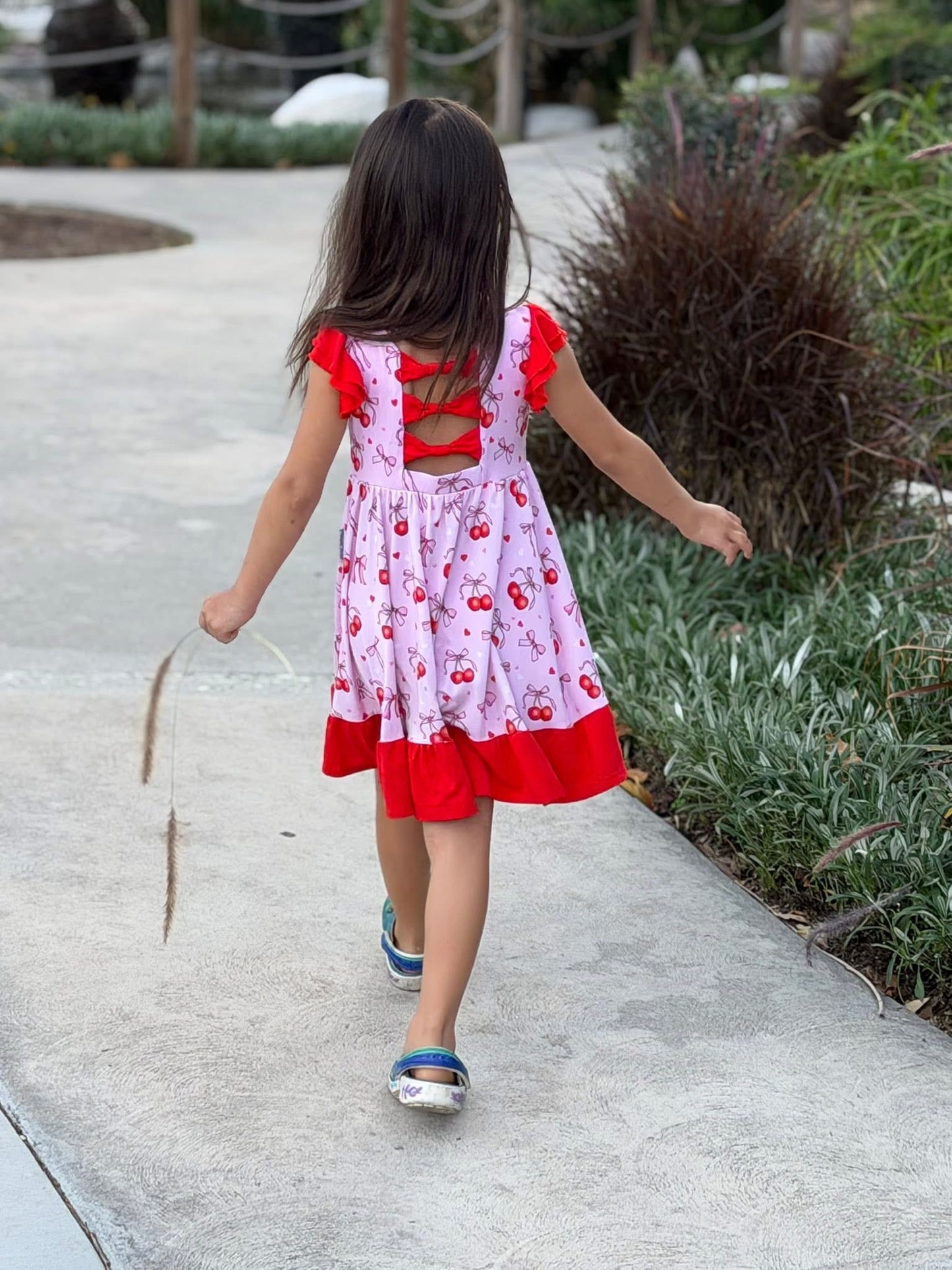 “Cherry Bow Bliss” Twirl with Bow Back and Biker Shorts Set