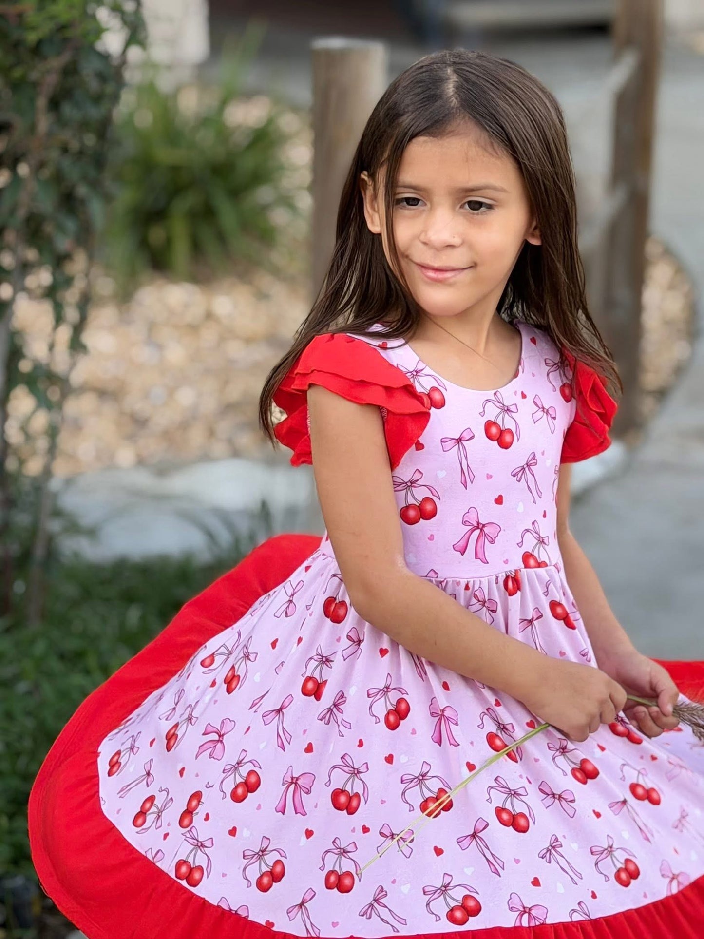 “Cherry Bow Bliss” Twirl with Bow Back and Biker Shorts Set