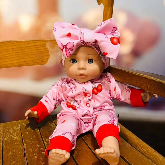 “Cherry Bow Bliss” Doll Romper