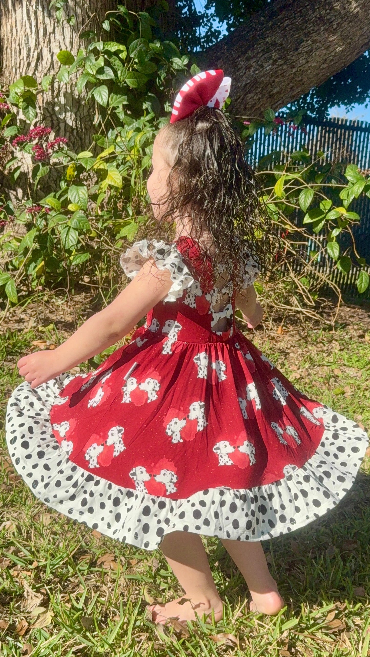 “Darling Dalmatians” Twirl with Bow Back and Biker Shorts Set