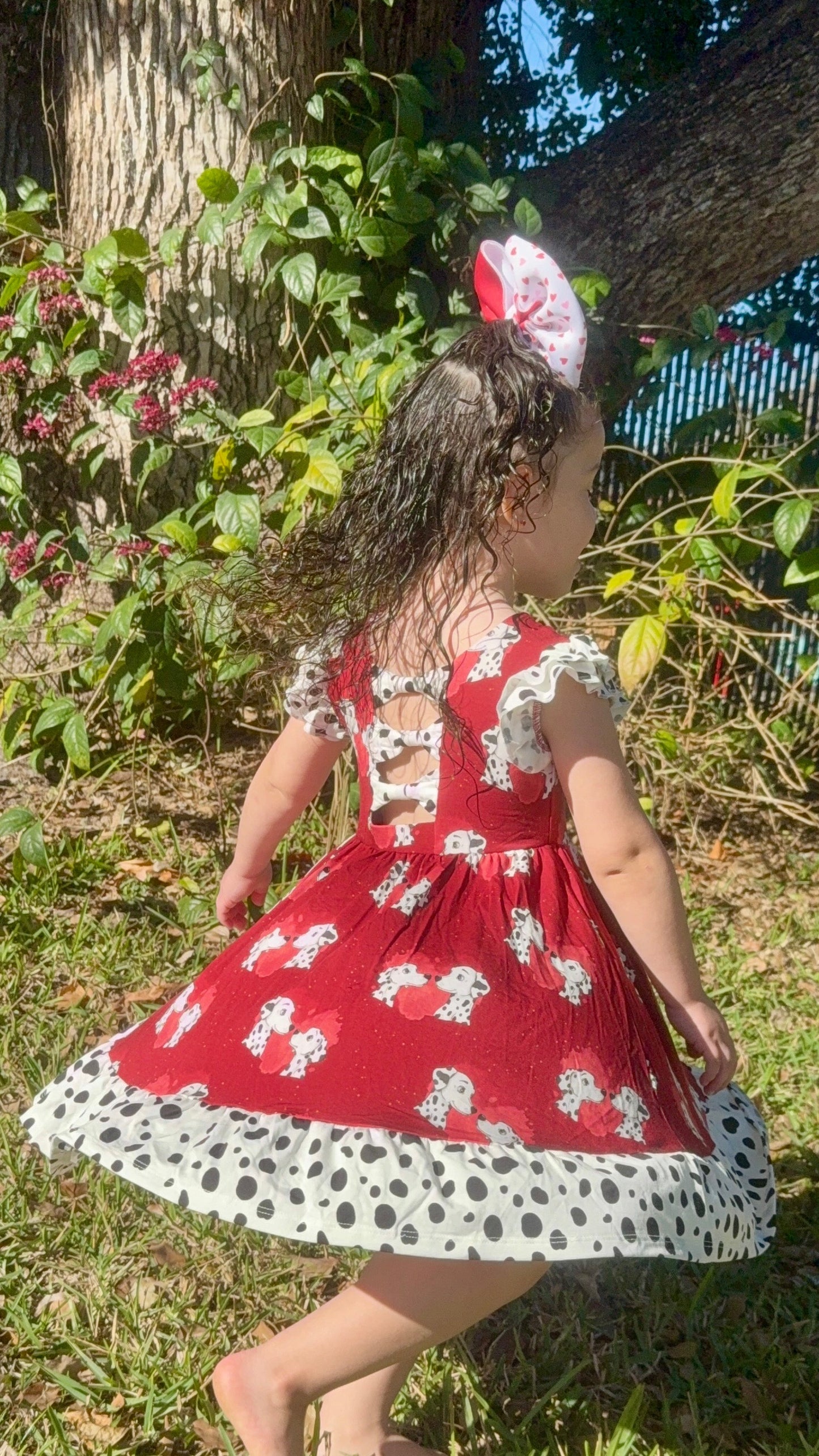 “Darling Dalmatians” Twirl with Bow Back and Biker Shorts Set