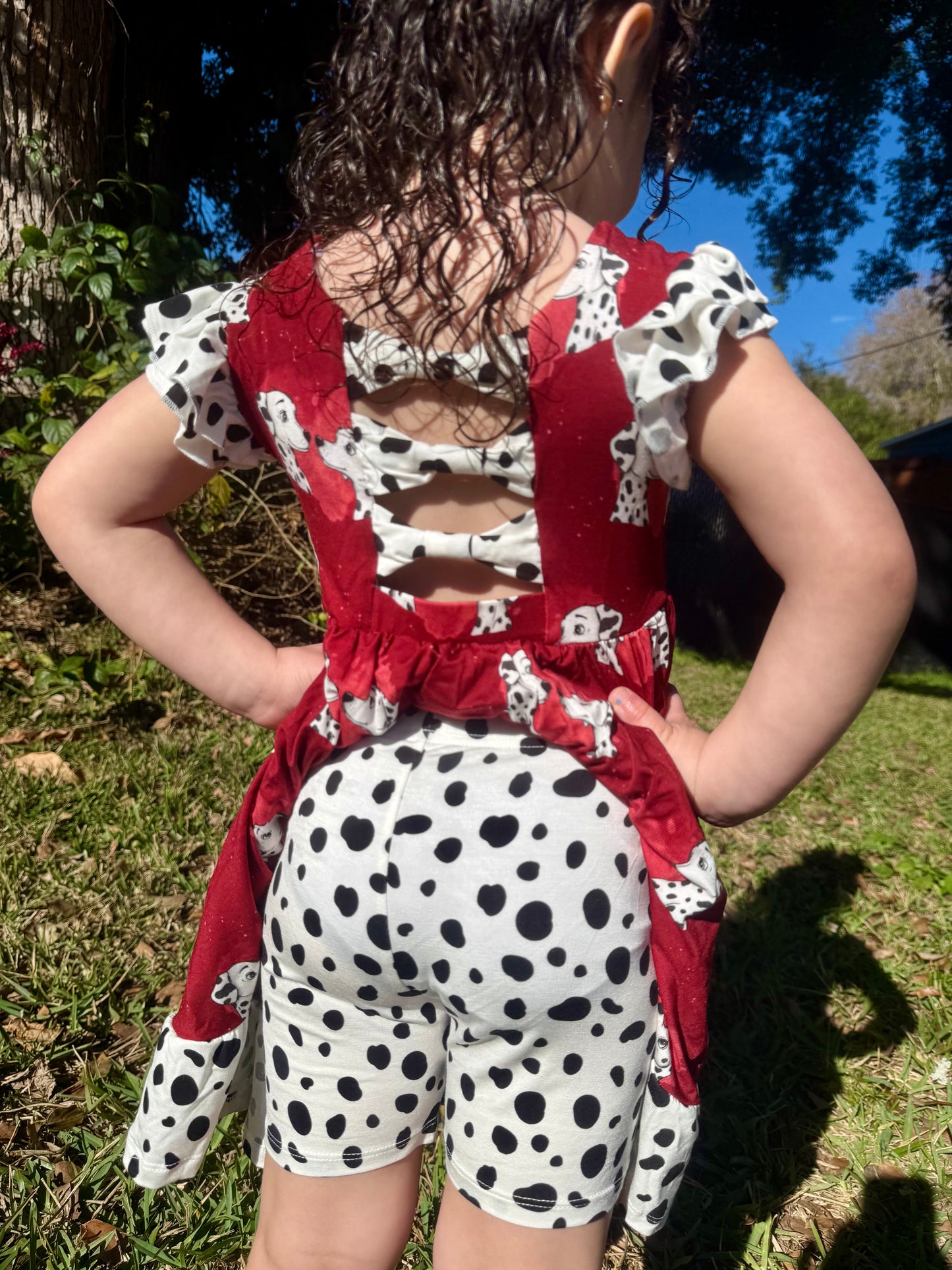 “Darling Dalmatians” Twirl with Bow Back and Biker Shorts Set