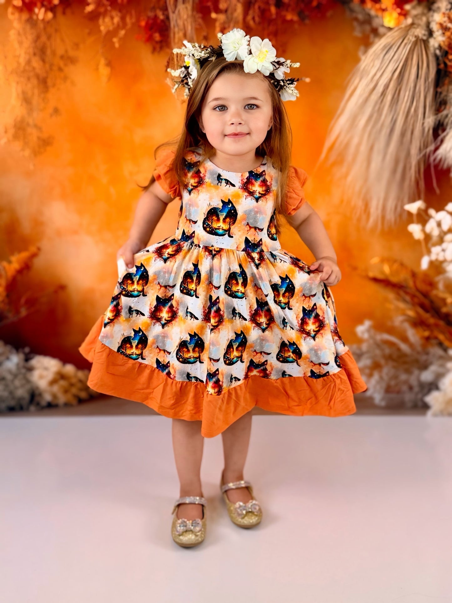 “Whimsical Foxes” Twirl with Bow Back and Biker Shorts Set