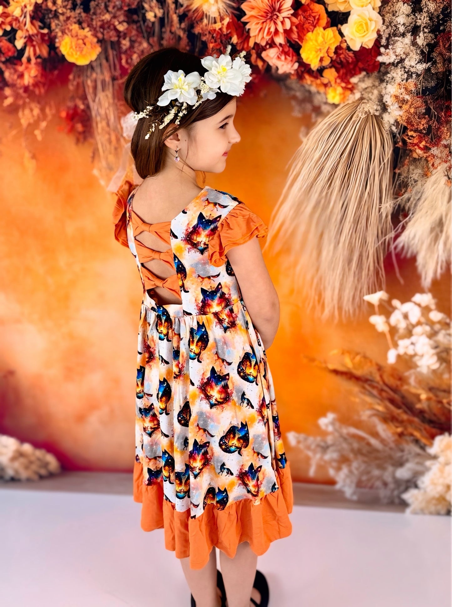 “Whimsical Foxes” Twirl with Bow Back and Biker Shorts Set
