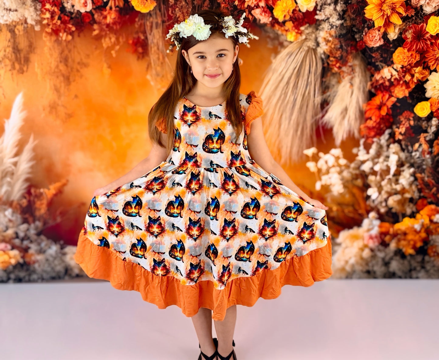 “Whimsical Foxes” Twirl with Bow Back and Biker Shorts Set