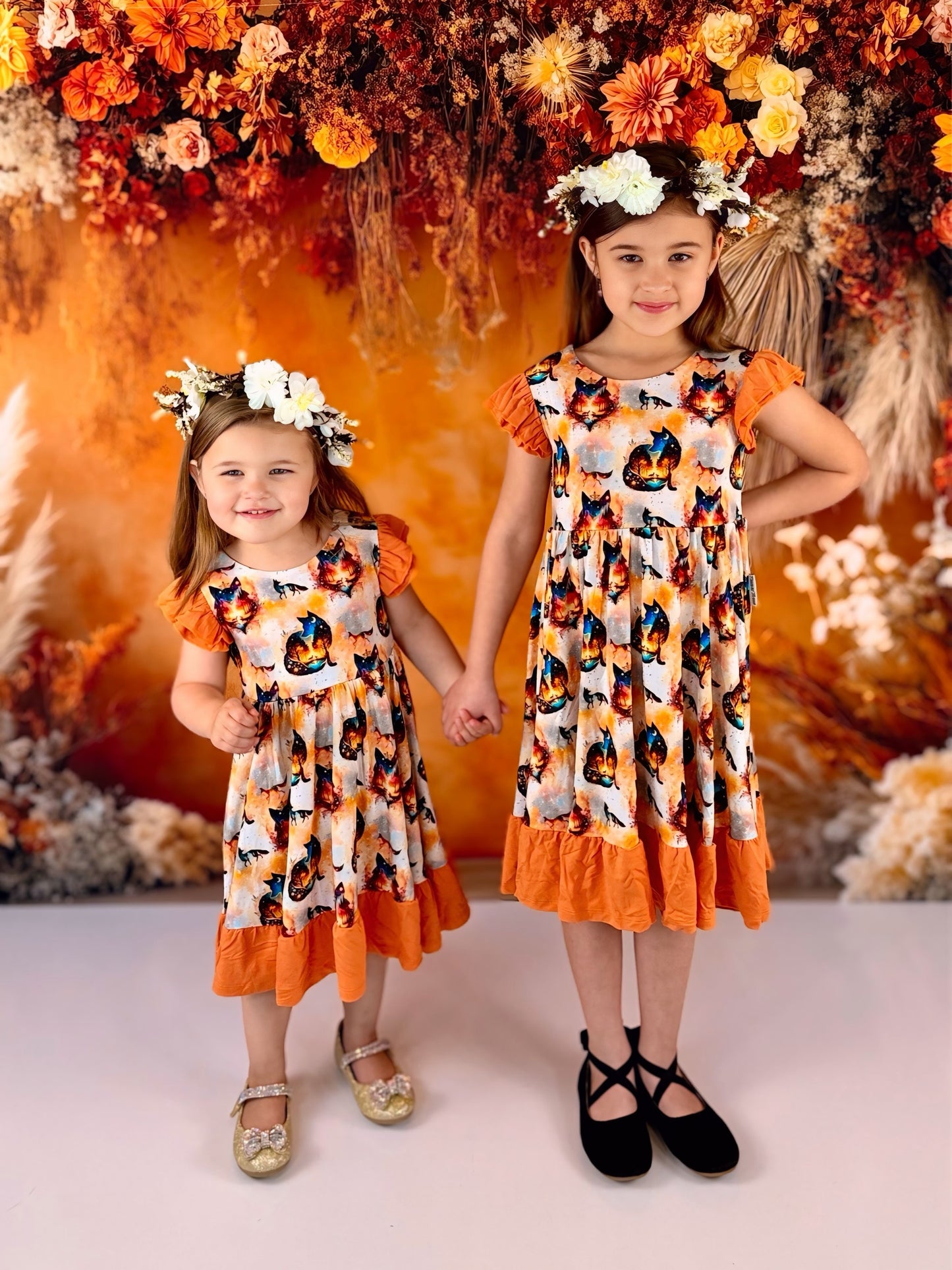 “Whimsical Foxes” Twirl with Bow Back and Biker Shorts Set